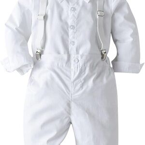 White Button-Up Shirt with Suspenders, Bow tie, pants